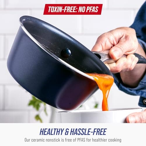 Blue Diamond Nonstick 2QT Saucepan with Lid, Non Toxic PFAS-Free Diamond Ceramic, Dishwasher & Oven Safe, Metal Utensil Safe Pot, Stay Cool Handle, Chef Pan, Glass Lid, Blue 3
