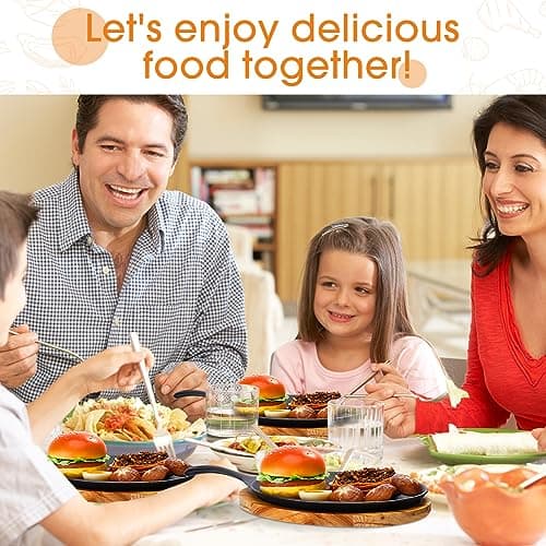 Lallisa 4 Sets Cast Iron Fajita Plate Set Fajita Plate Pan with Wooden Tray Anti Scald Protection Hot Mitt Cast Iron Skillet Set for Home Barbecue Kitchen Party Restaurant Catering Service 5