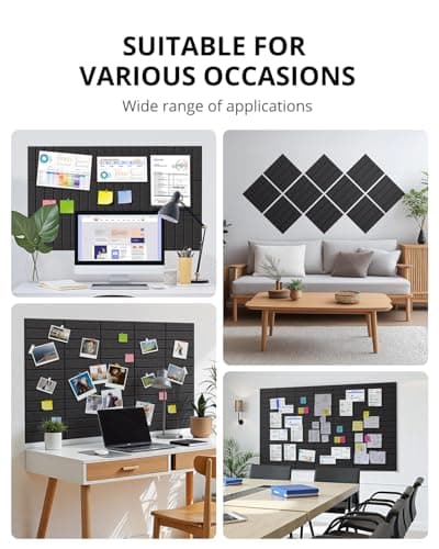 Large Cork Board, 12 Pack 12"X12"X0.4" Felt Bulletin Board Tiles with Self Adhesive for Wall Home Office Decor, Pin Cork Boards-Black 7