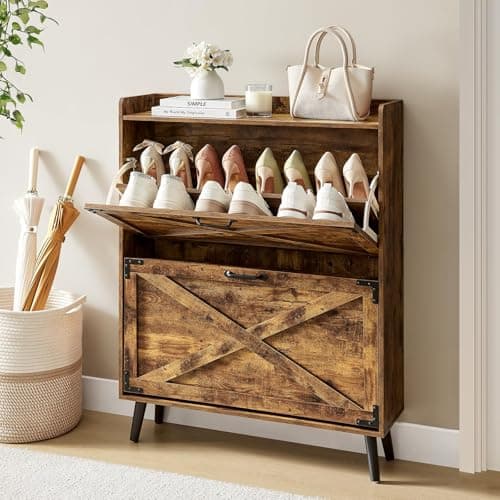 Shoe Cabinet Storage For Entryway - Compact Shoe Organizer with 2 Flip Drawers,Freestanding Hidden Shoe Cabinet for Porch/Hallway/Living Room,Multiple Detachable Sturdy Racks,Farmhouse Classic Brown