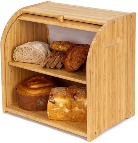 FoverOne Bamboo Bread Box for Kitchen Countertop, Roll-top Breadbox Breads Storage Boxe with Adjustable Middle Shelf