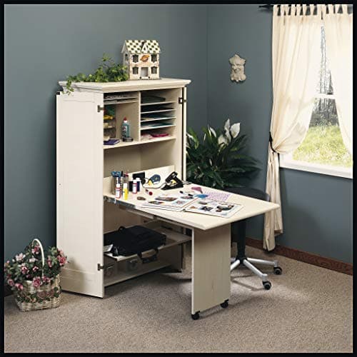 Sauder Harbor View Craft and Sewing Armoire with Table/ Pantry cabinets, Antiqued White finish 5