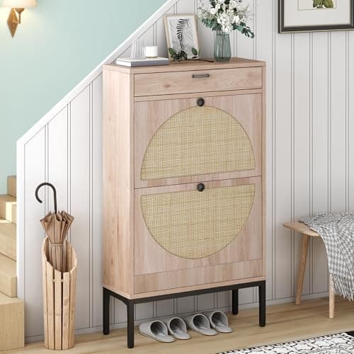 Brafab Shoe Storage Cabinet with 2 Flip Drawers&1 Small Drawer, Slim Entryway Shoe Organizer with Half Round Woven Rattan Doors for Sneakers…
