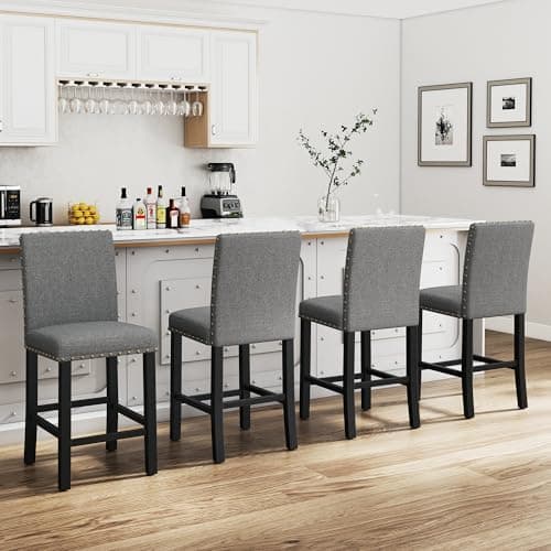 DAGONHIL 24 inch Bar Stools Set of 4, Counter Height Bar Stools with Backs, Nail Head Barstools with Wood Legs, Upholstered Kitchen Island Chairs, Gray