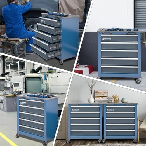 LARBANKE 5-Drawer Rolling Tool Chest with Stainless CounterTop,Tool Chest with Keyed Locking System, with Wheels and Foot Pads,Rolling Tool Cabinet with Drawer Liners,Unique Link Buckle for Connecting 6