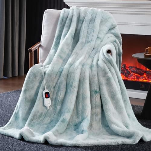 Guohaoi Heated Blanket Electric Throw, Soft Faux Rabbit Fur Electric Blanket with 10 Heating Levels 5 Sitting Timer Auto Off, Cozy Warm Heating Blankets, Machine Washable(50"×60" Blue)