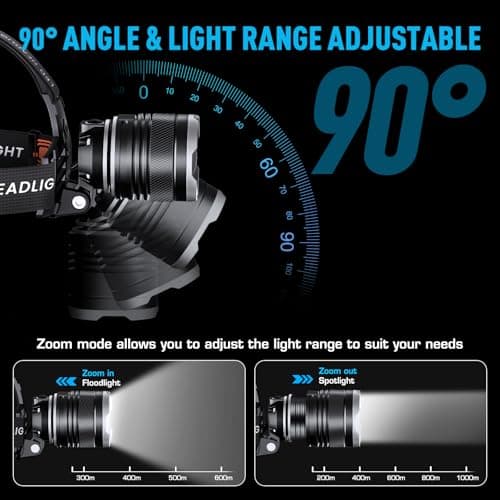 AMAKER LED Headlamp Rechargeable, 9000mAh Long Battery Head Lamp with 12 Modes, IPX7 Waterproof USB Rechargeable Headlight, Zoomable Headlamp for Adults, 90° Adjustable for Camping Hunting Climbing 6
