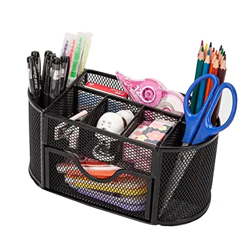 Lechay Mesh Pen Holder, Desk Organizer for Desk Pencil Holder with 8 Compartments and 1 Drawer Desk Supplies for Office Home 1 PC