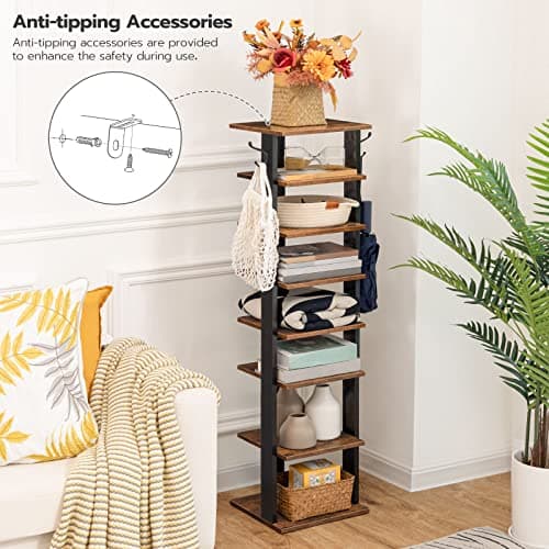 HOOBRO 8 Tiers Vertical Shoe Rack, Wooden Shoe Storage Organizer with Hooks, Narrow Shoe Tower for 8 Pairs, Space Saving, for Entryway, Living Room, Bedroom, Rustic Brown BF07XJ01G1 8