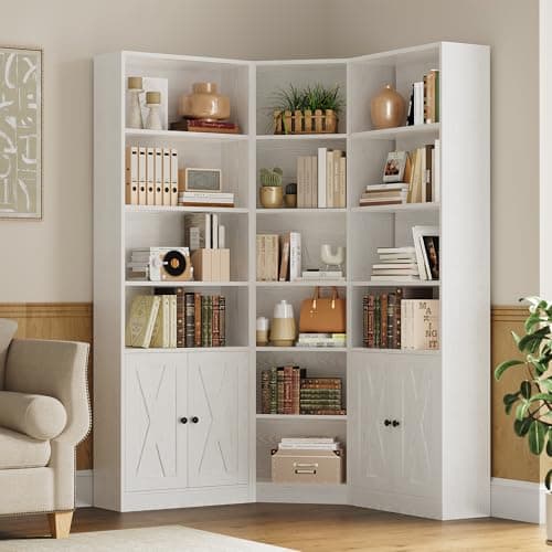 ANCTOR Large Corner Bookshelf with 2 Storage Cabinets and 18 Shelves, 71" Tall Bookcase, 7-Tier L-Shaped Corner Hutch for Living Room, Bedroom, White