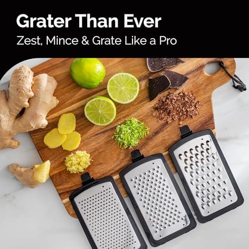Cheese Grater with Garlic Crusher- Box Grater Vegetable Shredder with 3 Stainless Steel Blades - Graters for Kitchen- Cheese Graters with Handle - Garlic Mincer Tool and Vegetable Peeler 5