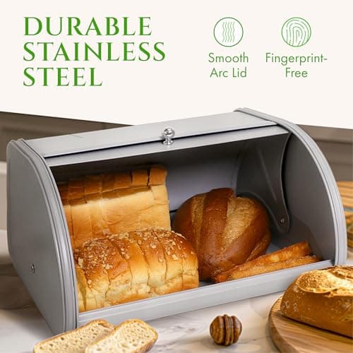 FINESSY Modern Metal Bread Box for Kitchen Countertop, Farmhouse Homemade Loaf Bread Storage Bin Holder for Kitchen Counters Organizer, Airtight Roll Top Sourdough Corner Breadbox Container Keeper 5