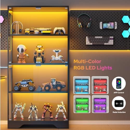 UNIQUITE Display Cabinet with Glass Doors, LED Curio Cabinet with RGB Human Body Sensor Light, 4-Tier Figure Display Case for Collectibles, Tall Bookcase with 4 Shelves, Storage Cabinets, Showcase 5
