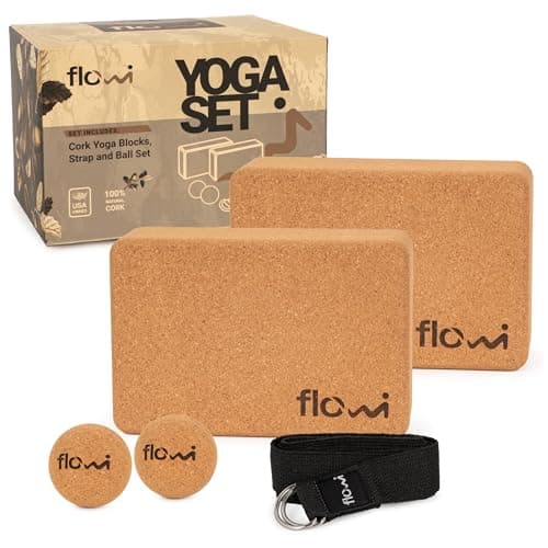 Natural Cork Yoga Blocks 2 Pack with Strap & Massage Balls - Premium Yoga Accessories for Women & Men