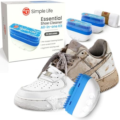Simple Life 3-in-1 Shoe Cleaner Kit | Travel Size Foaming Shoe Cleaner | Nonscratch Shoe Brush & Microfiber Cleaning Cloth | Safe on White Shoes, Sneakers, Cleats, Heels | Pack of 2