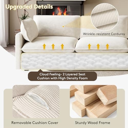 ROWHY 104'' Modular Sectional Cloud Couch with Movable Ottoman, 4 Seat Modern Corduroy Sofa, Deep Seat L Shaped Couch for Living Room Bedroom Apartment, Beige 5