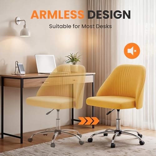 Simple Deluxe Armless Office Desk Chair, Modern Cute Swivel Vanity Chair Comfy Home Office Chairs with Wheels Height Adjustable Rolling Computer Task Stools for Living Room, Make-up, Bedroom, Yellow 6