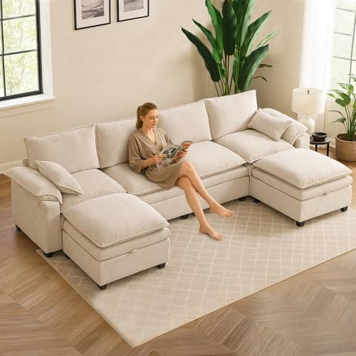 MastonHome Large U-Shaped Sectional Couch Set - 6/7/8 Seater Oversized Cloud Sofa for Living Room, Big Comfy Chenille Fabric Couches, Extra Long Modular Sofa Bed Furniture (Beige, 6-Seater Sofa) 7