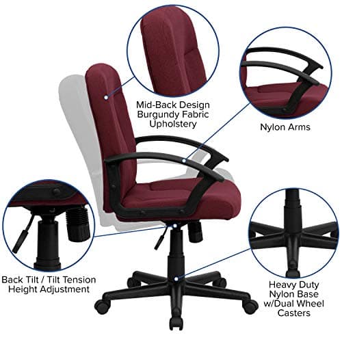 Flash Furniture Garver Mid-Back Burgundy Fabric Executive Swivel Office Chair with Nylon Arms 5