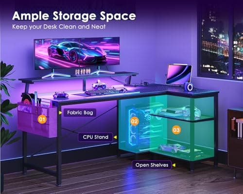 ODK 48 Inch Gaming Desk with USB Charging Ports and LED Lights, Reversible L Shaped Computer Desk with Storage Shelves & Monitor Stand, Corner Gamer Desk Table with Power Outlets, Black 7