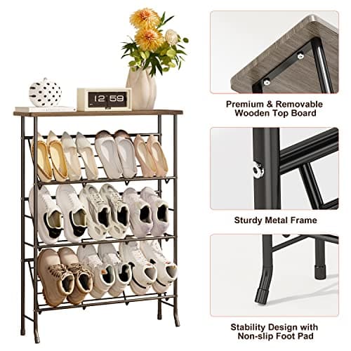 JZM Shoe Rack Storage, Narrow 4 Tier Metal Shoe Storage Shelf, Free Standing Shoe Racks, Space Saving Shoe Rack Organizer for Entryway, Hallway, Bedroom, Living Room(12-16 Pair) 7