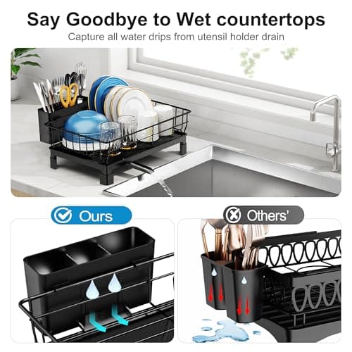 GSlife Small Dish Drying Rack for Kitchen Counter with Drainboard - Compact Dish Drainer for RV, Camper and Apartment, Rust-Resistant Wire Rack with Utensil Holder, 15"L x 10"W, Black 5