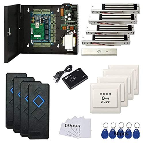MENGQI-CONTROL 4 Door Access Control System with 600lbs Magnetic Lock Entry Access Control Panel 110V Power Supply Box RFID Reader Exit Button Enroll USB Reader RFID Card Key Fob APP Remote Open Lock