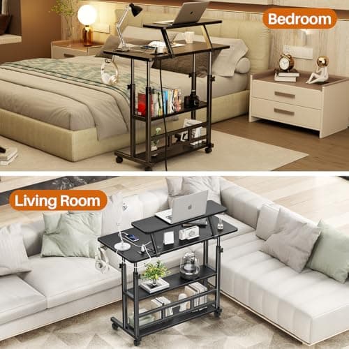 Adjustable Height Standing Desk with Power Outlets, Rolling Stand Up Desk with Monitor Stand and Storage Shelves, 31.5" Small Mobile Computer Desk, Portable Laptop Table (Black with Monitor Stand) 6