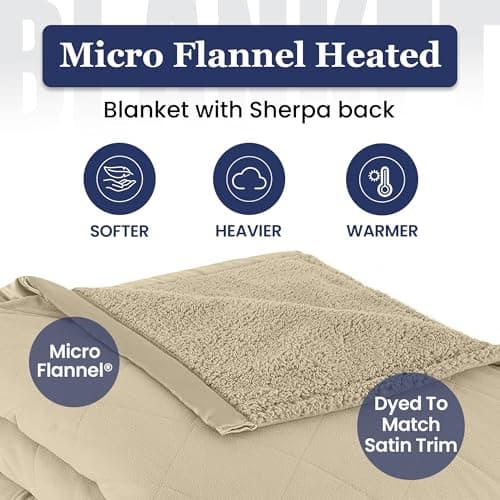 Thermee Micro Flannel Heated Blanket With Sherpa Back, 10-Setting Electric Full Size, Programmable, Ultra-Soft Throw, Fast Heating Thermal - Tan 2