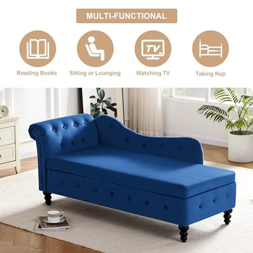 Weture Tufted Velvet Chaise Lounge Indoor with Storage, Upholstered Rolled Arm Lounge Chair with Nailhead Trim, Button Tufted Chaise Lounge for Living Room Bedroom Office, Blue 5