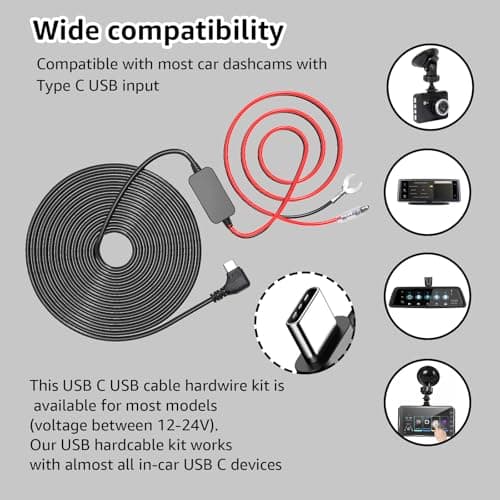 Hodeoo USB C Dash Cam Hardwire Kit with 12V-24V to 5V Car Dash Camera Charger Power Cord 4 Fuse Tap Cable,24 Hours Surveillance Low Voltage Protection 5