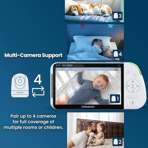 Babysense Full HD 5.5" Split Screen Baby Monitor with 2 Cameras, 6-Color Night Light, White Noise, Sound & Light Machine, 20-Hour Battery, Hack-Proof Non-WiFi Secure Connection 8