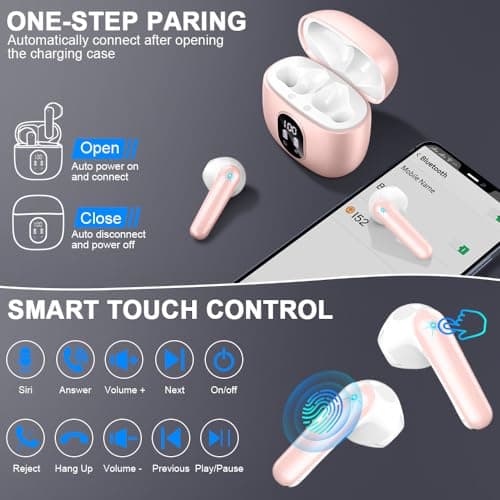 Wireless Earbuds, Bluetooth 5.4 Headphones 50H Playback Bass Stereo Ear Buds with 4 ENC Cancelling Mics, Bluetooth Earbuds Dual LED Display IP7 Waterproof in-Ear Earphones USB-C for Android iOS Pink 5