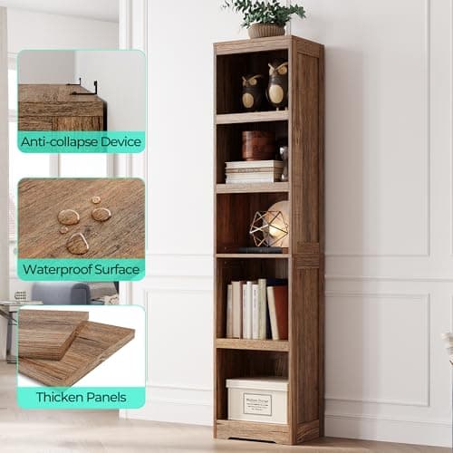 LINSY HOME 5-Shelf Bookcase, Narrow Bookshelves Floor Standing Display Storage Shelves 68 in Tall Bookcase Home Decor Furniture for Home Office, Living Room, Bed Room - Dark Brown 5