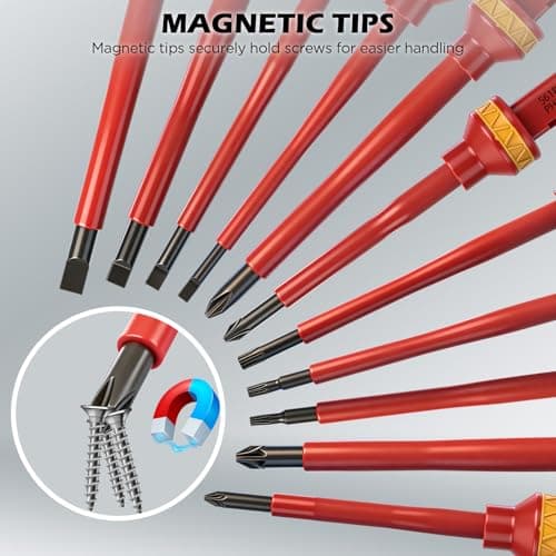 1000V Insulated Electrician Screwdriver Set - 13-Piece Professional Electrical Screwdriver Set Insulation Handle CRV Steel Magnetic Phillips Slotted Pozi Torx Tips VDE & GS Certified 6