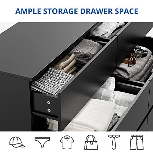 Cozy Castle 52'' Black Dresser for Bedroom, Modern 6 Drawer Dresser, Wood Chest of Drawers with Deep Drawers, Wide Storage Cabinet for Living Room, Hallway Entryway 5