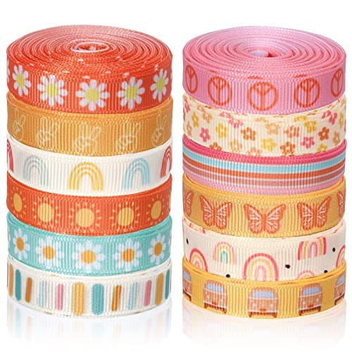 Whaline 12 Rolls Groovy Retro Hippie Boho Ribbon Rainbow Butterfly Daisy Flower Craft Ribbon 60 Yards 3/8 Inch Spring Summer Printed Grosgrain Fabric Ribbon for Wreath Bow Making DIY Crafts Wrapping