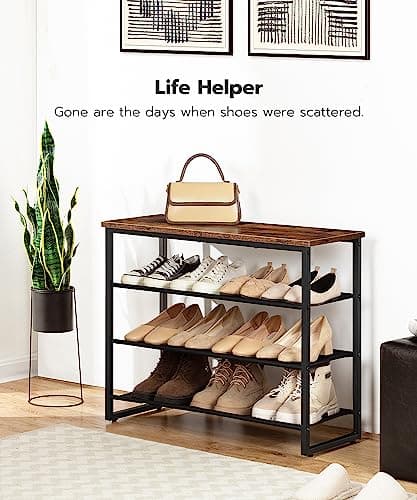 HOOBRO Shoe Rack, 4 Tier Shoe Storage Organizer with 3 Oxford Fabric Shelves and Top Panel, Holds 12-16 Pairs of Shoes for Entryway and Closet, Industrial, Rustic Brown BF47XJ01G1 9