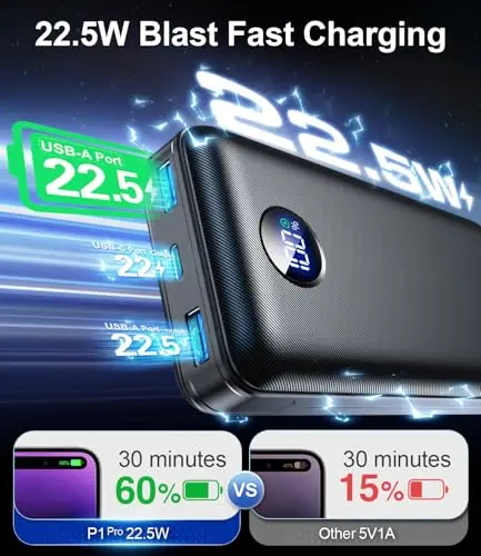 Portable Charger Power Bank, 60000mAh Battery Pack with 3 in 1 USB-C/iOS/Micro-USB Cable, 22.5W Fast Charging Portable Phone Charger, Travel Camping Essential Powerbank for iPhone 17/16 Samsung,Gray 5