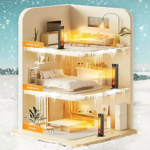 Tower Heaters for Indoor Use, 750W / 1500W Electric Fireplace Heater W / 3D Flame, Heater and Fan Combo 90° Oscillation, Child Lock & Eco Mode, 12h Timer, Remote Control, Home & Office 8