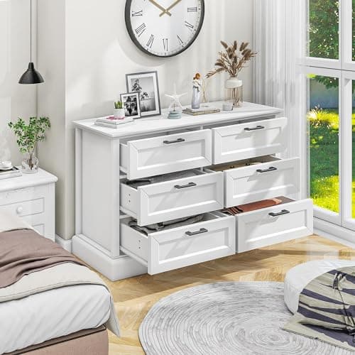 biukpci White 6 Drawer Dresser for Bedroom, Modern Chest of Drawers with Deep Drawers, Wood Double Dresser for Storage Clothes 7