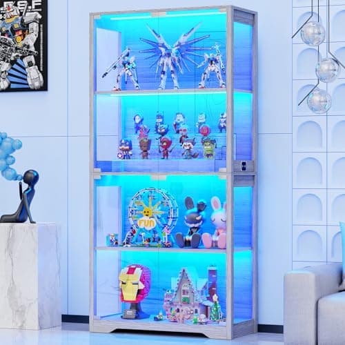 BROTTAR Display Cabinet with Glass Doors, 4-Tier Curio Cabinet with 3 Color Lights for Collectibles, Glass Display Case with Human Body Sensor, Bookcase with 4 Shelves, Storage Cabinets, Gray