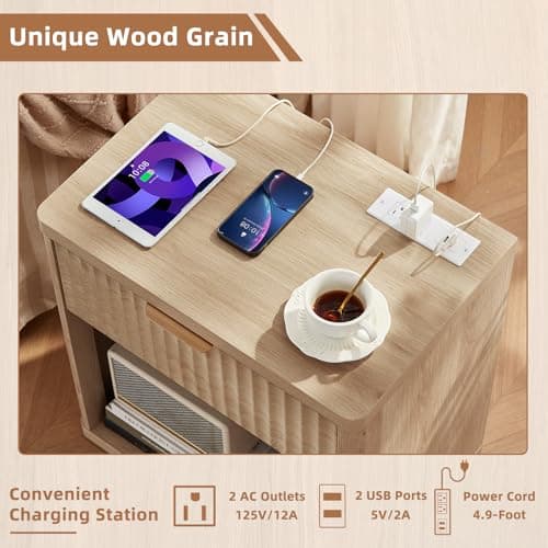 LEYAOYAO Fluted Nightstand with Charging Station, 23" Wide 1 Drawers End Table,Natural Night Stand with Open Storage Cabinet, Farmhouse Bed Side Tables, Wood Dresser for Bedroom, Living Room, Closet 6