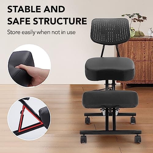 SOMEET Kneeling Chair Ergonomic with Back Support, Ergonomic Kneeling Chair with Brake and Smooth Gliding Casters, Adjustable Stool for Home and Office, Posture Chair to Relieve Back Pain, Black PU 7