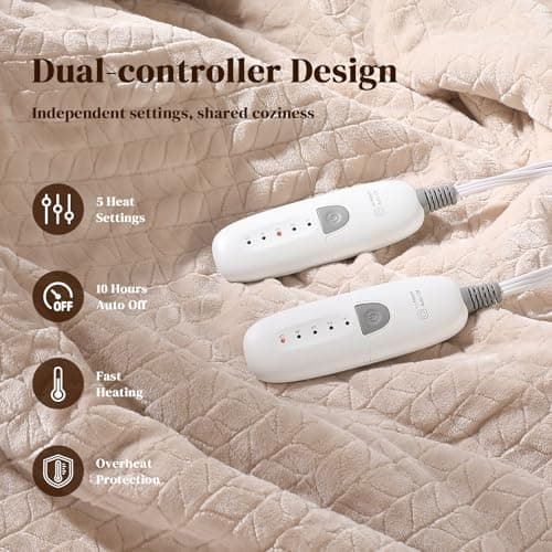 Electric Blanket Queen 84"x90" Heated Blanket Queen Size Dual Control Wheat Pattern Ultra-Soft Flannel & Thick Sherpa with 5 Heat Settings & 10H Auto Off, FCC/ETL Certified, Machine Washable, Beige 2