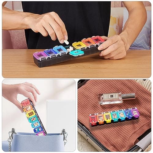 Fullicon Weekly Pill Organizer 7 Day Ultra Moisture and Spill Proof Daily Pill Box, Large Medicine Case with Secure Buckle, Compact Travel Pill Container for Pill, Vitamin, & Fish Oil (Rainbow Black) 8