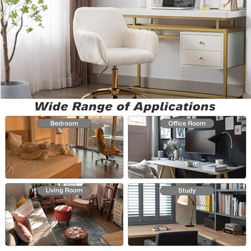 KCC Faux Fur Office Desk Chair, Comfy Swivel Armchair with Wheels, Upholstered Fuzzy Vanity Chair, Adjustable Height, White 8