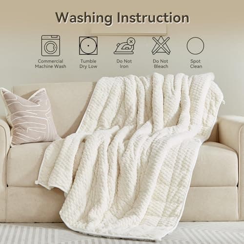 Weighted Blanket Queen Size for Adults,15lbs Jacquard Sherpa Heavy Blanket for Calming and Relax, Dual Sided Ultra Soft Fuzzy Throw Blanket with Glass Beads, 48" x 72", Cream White 7