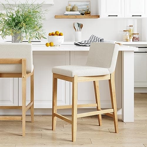 Nathan James Gracie Modern Counter Height Bar Stool with Back, Counter Stool Upholstered Chair with Natural Textured Linen and Brushed Wooden Legs, Cream Boucle/Light Brown