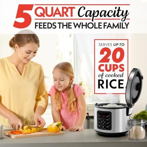 Gourmia Rice Cooker – 5 Qt Capacity, 20 Cup Cooked, 10 Cup Uncooked, Digital Controls, 6 Cooking Presets, Grain Cooker & Steamer, Nonstick Pot, Steam Tray, Delay Timer, Keep Warm, Stainless Steel 5